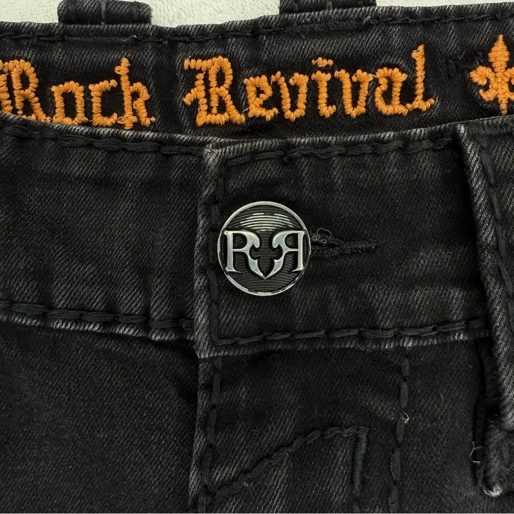 Rock Revival Mens Jean Shorts Size 32 Black Lorenzo Jorts Distressed Embroidery - Picture 11 of 14